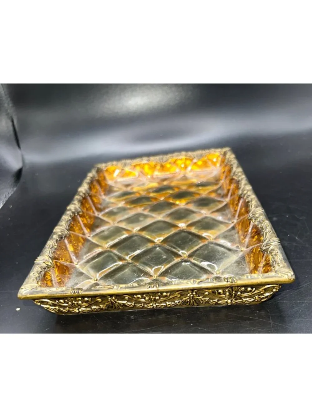 Vintage GoldTone Lucite Vanity Tray Quilted Diamond Pattern Ornate Floral Border